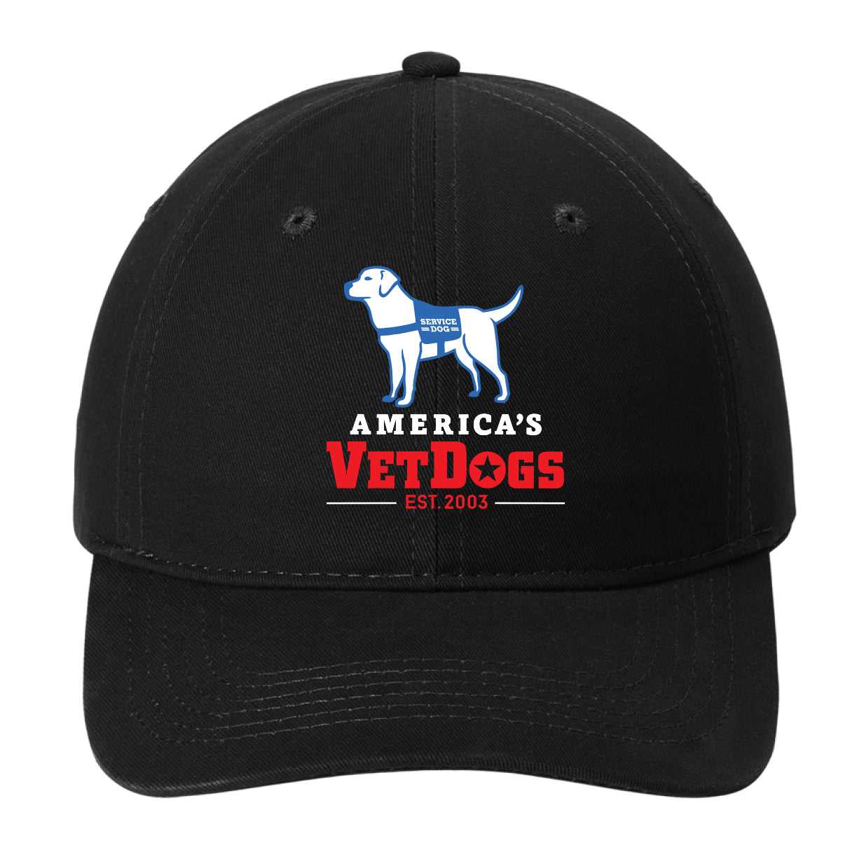 This black baseball cap features a clean, classic design with the America's VetDogs logo boldly displayed on the front in full color. The logo stands out vibrantly against the deep black of the cap, showcasing the iconic red, white, and blue hues, along with the silhouette of a service dog. The cap is made from smooth, brushed cotton twill, giving it a slightly textured, matte finish. With its low-profile, unstructured shape, the cap has a relaxed, easy-going fit. A self-fabric slide closure at the back all