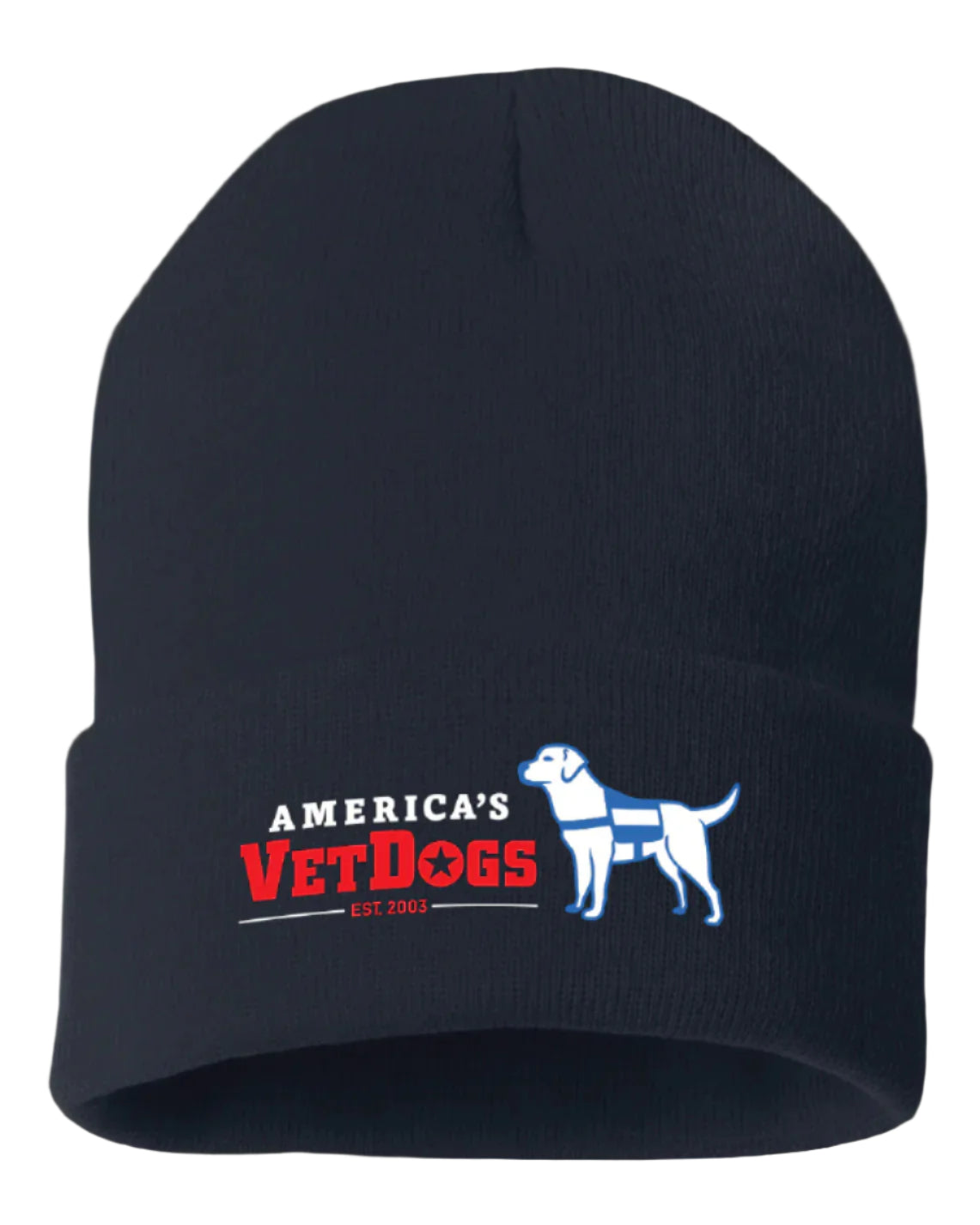 Navy knit beanie with horizontal color America's VetDogs logo across folded fabric.