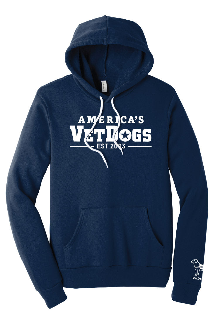 photo shows an image of a front facing hooded sweatshirt in navy blue. the front of the sweatshirt says "America's VetDogs, EST. 2003" the lettering is in white color. the front bottom of the sweatshirt has a pocket. the sweatshirt has pull strings that are white and located around the neck. on the lower part of the left sleeve is a cartoon image of a service dog. below this image is text that says, "VetDogs.org" This text and cartoon are white in color