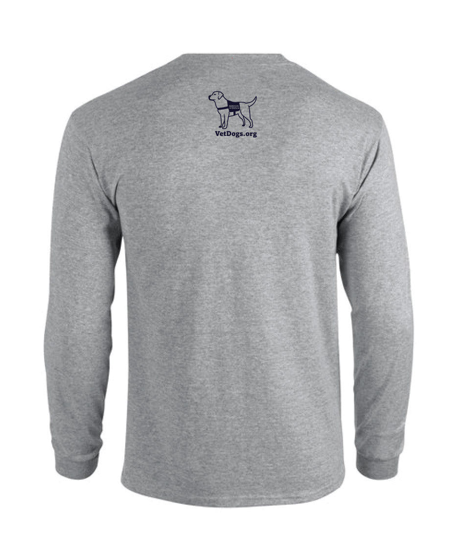 This photo show a view of the back of the grey long sleeved shirt. There is a navy blue image of a dog on the center top of the shirt. the dog is wearing a service dog vest. below the image of the dog is text that says, "VetDogs.org"
