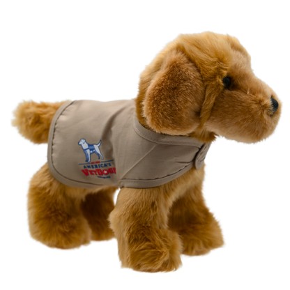  Introducing our 8-inch Golden Retriever Plush Puppy, a charming and lifelike companion captured in the image. Dressed in a tan vest adorned with the logos of America's VetDogs and the Guide Dog Foundation, this adorable plush not only boasts authenticity but also contributes to these noble organizations. With soft golden fur and a friendly expression, it's a heartwarming addition to any collection, combining cuddly charm with a meaningful cause.