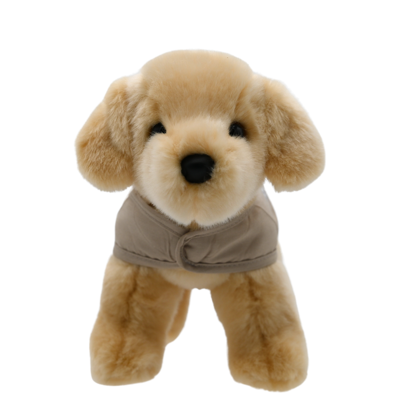 This 8-inch Yellow Labrador Plush Puppy, captured in the image, exudes charm with its lifelike features and soft golden fur. Wearing a tan vest proudly displaying the logos of America's VetDogs and the Guide Dog Foundation on either side, this adorable plush not only looks authentic but also supports these noble organizations. Its friendly expression and meticulous detailing make it a heartwarming addition to any collection.