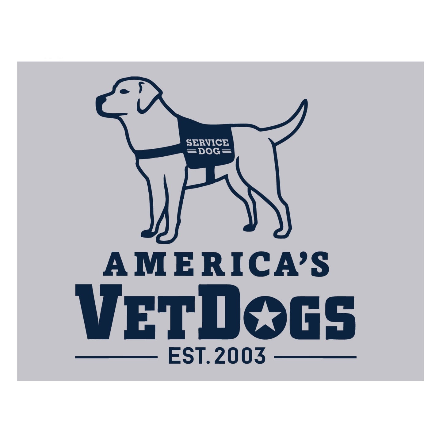 A graphic illustration of a standing Labrador-type dog wearing a service-dog vest labeled “SERVICE DOG.” The dog is outlined in dark blue against a light gray background. Below it, bold text reads “AMERICA’S VETDOGS” with a star inside the letter “O.” Under the wording is “EST. 2003” with thin horizontal lines on each side.