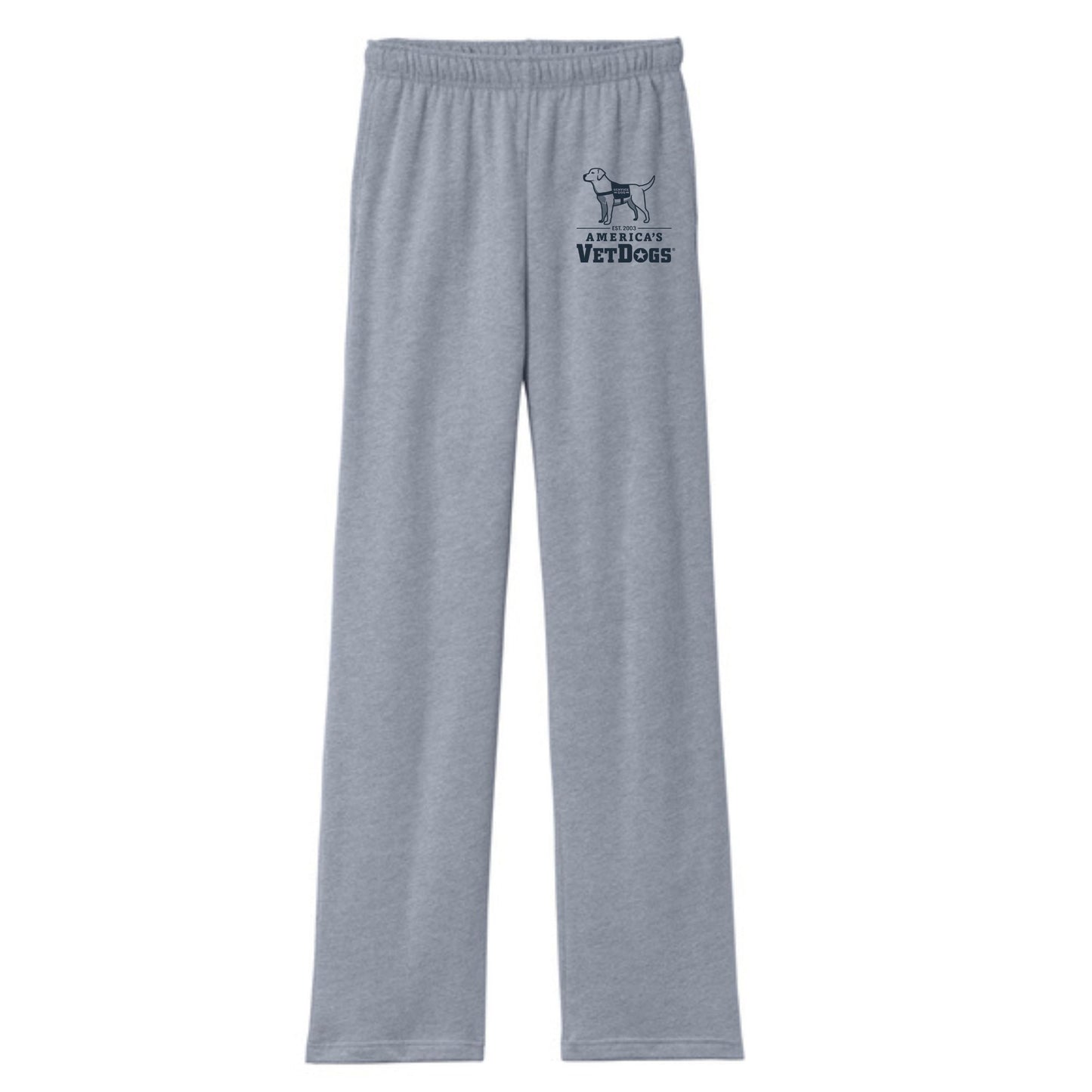 A pair of light gray, straight-leg sweatpants displayed against a white background. On the upper left thigh is a small printed version of the America’s VetDogs logo featuring the outline of the service dog and the accompanying text. The logo is printed in dark blue.