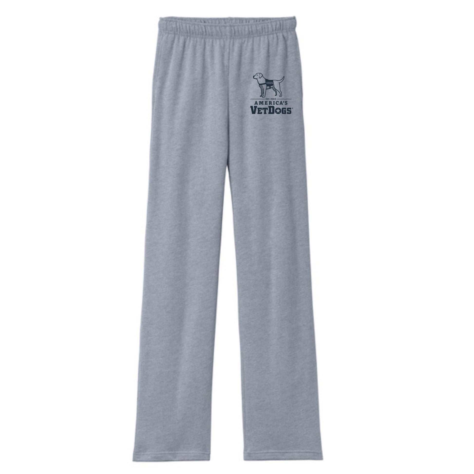 A pair of light gray, straight-leg sweatpants displayed against a white background. On the upper left thigh is a small printed version of the America’s VetDogs logo featuring the outline of the service dog and the accompanying text. The logo is printed in dark blue.