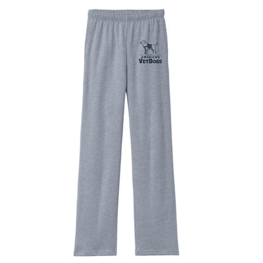 A pair of light gray, straight-leg sweatpants displayed against a white background. On the upper left thigh is a small printed version of the America’s VetDogs logo featuring the outline of the service dog and the accompanying text. The logo is printed in dark blue.