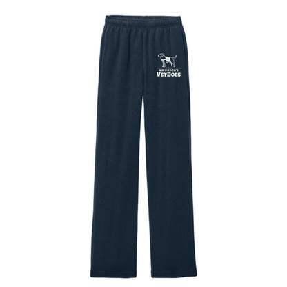 A pair of dark navy, straight-leg sweatpants displayed against a white background. On the upper left thigh is a small white printed America’s VetDogs® logo, showing the service-dog outline and text.