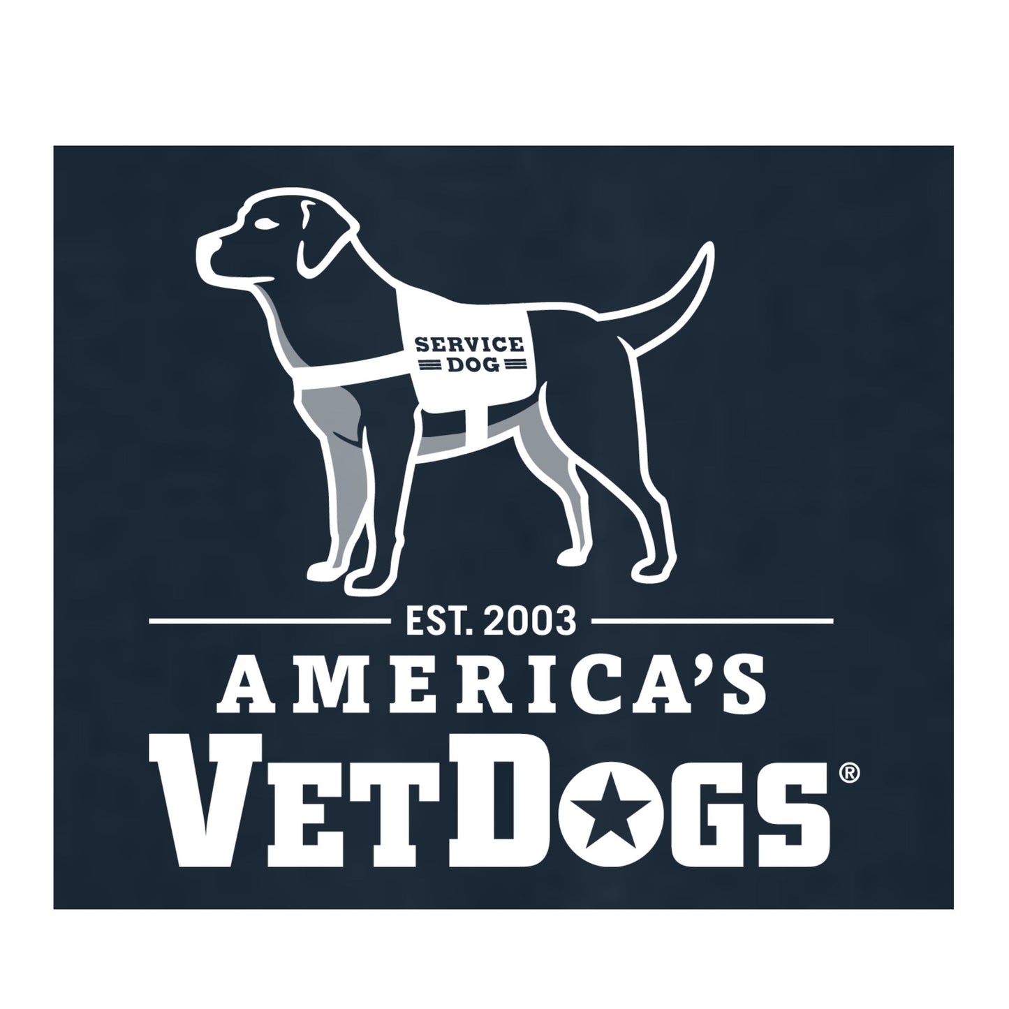 A graphic illustration similar to the first logo but with reversed colors. The standing service dog is outlined in white with solid white vest, and the text “SERVICE DOG” appears in navy. Beneath the dog is “EST. 2003” and “AMERICA’S VETDOGS®” in bold white lettering with a star inside the “O.” The background is a dark navy blue.