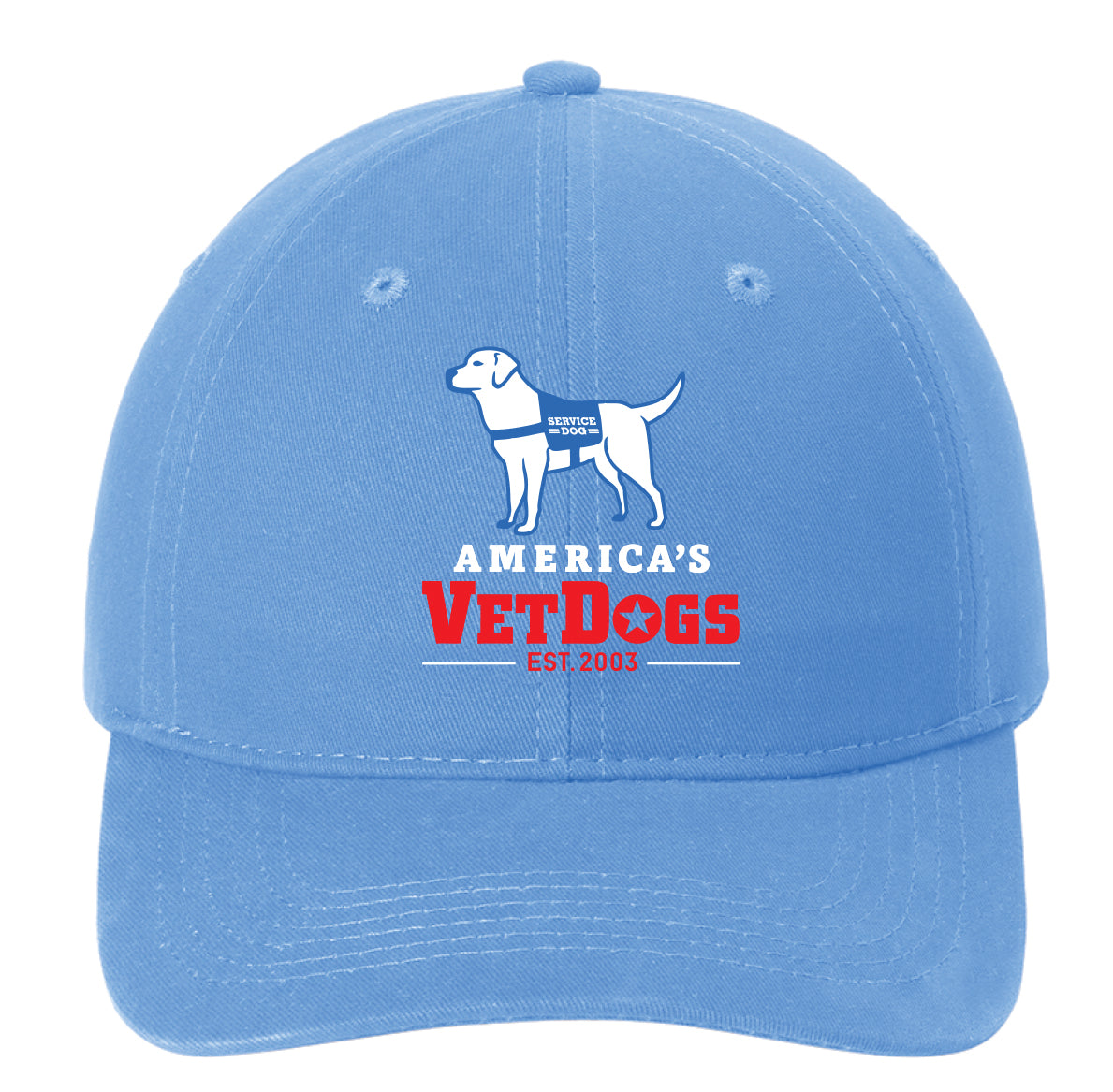 This Carolina Blue baseball cap offers a fresh, classic look with the America's VetDogs logo displayed prominently on the front in full color. The vibrant red, white, and blue of the logo contrasts beautifully with the soft, sky-blue shade of the cap, making it a standout accessory. Made from brushed cotton twill, the cap has a subtly textured, matte finish that feels soft and comfortable. Its low-profile, unstructured design provides a relaxed, easygoing fit, and the adjustable self-fabric slide closure at