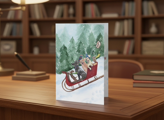 A folded holiday card stands upright on a wooden desk in a study. The front illustration shows a group of puppies riding together in a classic red sleigh as it glides through the snow. The dogs—wearing colorful winter hats and scarves—appear joyful and animated. A snowy pine forest fills the background, and gentle snowflakes fall around them. The artwork has a soft, hand-painted watercolor style.