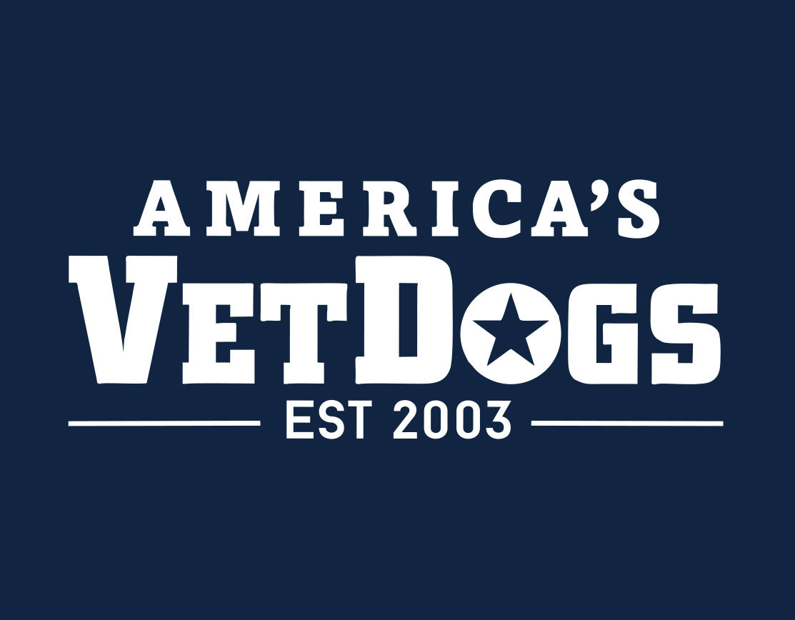 photo shows the text logo of America's VetDogs EST 2003 white in color. This is the logo that is located on the center of the sweatshirt 