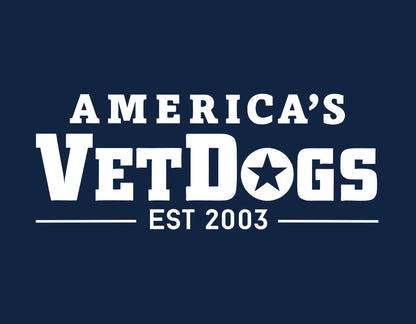 image shows an up close shot of the America's VetDogs lettering that is found on the front of the sweatshirt. the image in in white lettering  and says "America's VetDogs EST 2003"