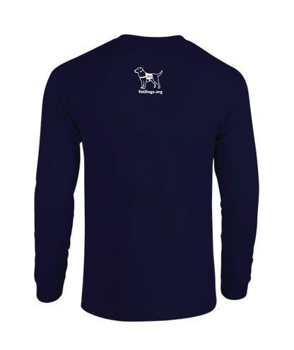 This photo shows a view of the back of the navy blue long sleeved shirt. There is a white image of a dog on the center top of the shirt. the dog is wearing a service dog vest. below the image of the dog is text that says, "VetDogs.org"