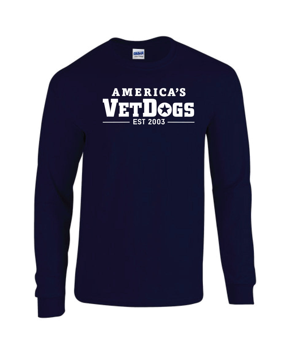 Front facing photo of a long sleeved shirt that is navy blue in color. The shirt has fitted wrists. The front of the shirt says "America's VetDogs EST. 2003" in white colored letters