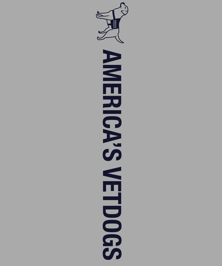 Image of grey sweatpant details with no elastic band at the ankle with a navy America's VetDogs logo dog on the left hip with "AMERICA'S VETDOGS" down the side of the left leg. 