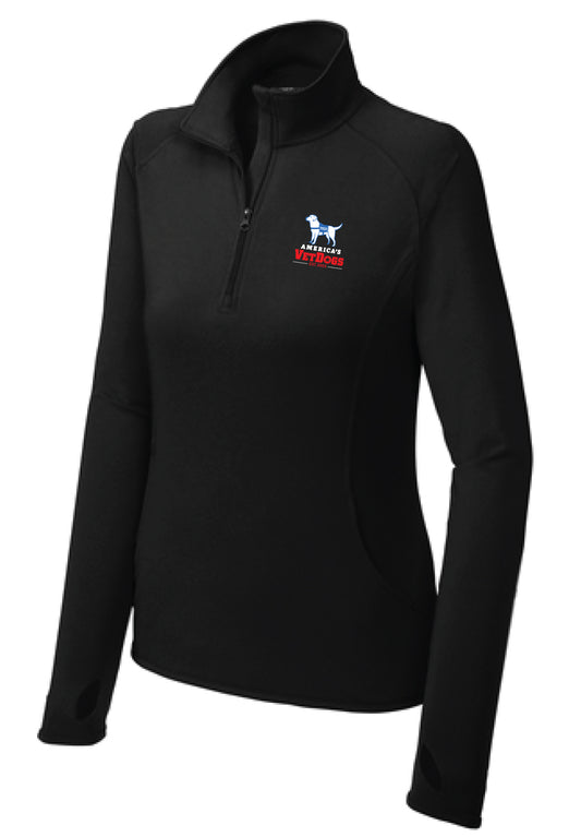 This image shows the America's VetDogs Women's Sport-Wick® Stretch 1/4-Zip Pullover in Black, designed for active comfort and style. It features a smooth-faced fabric with a soft-brushed backing for warmth and moisture control. The pullover has a cadet collar with a chin guard, raglan sleeves for flexibility, and thumbholes to keep hands warm. A front pouch pocket provides added convenience, while the tag-free label, open cuffs, and hem offer a clean, streamlined look.